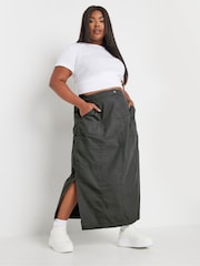 Yours Curve Grey Maxi Cargo 100% Cotton Skirt With Side Slits - Image 2 of 5