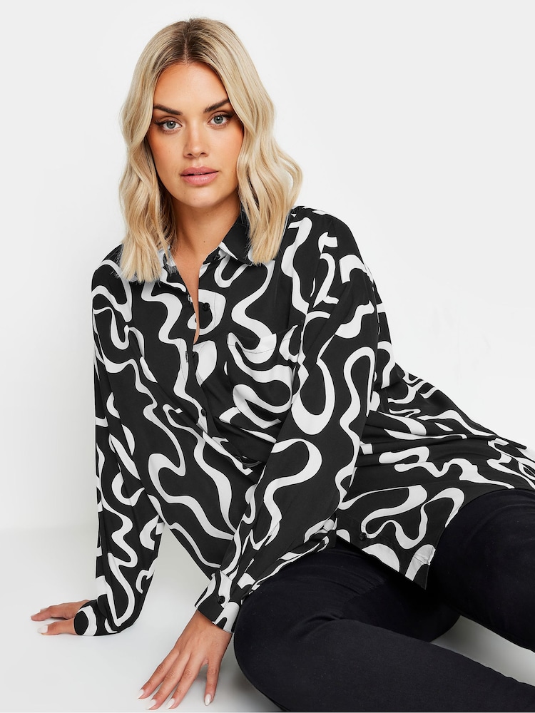 Yours Curve Black & White Oversized Abstract Squiggle Print Shirt - Image 1 of 5