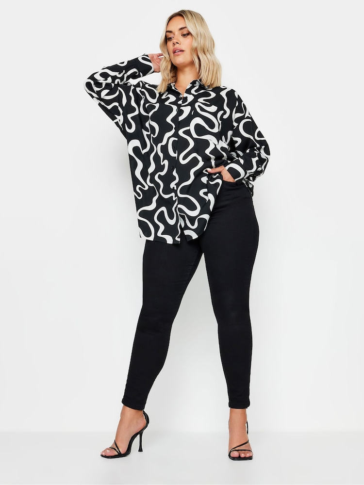 Yours Curve Black & White Oversized Abstract Squiggle Print Shirt - Image 2 of 5