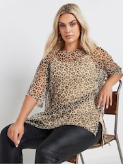 Yours Curve Natural Oversized Mesh Leopard Print Top - Image 1 of 5