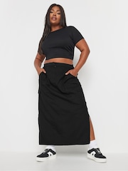 Yours Curve Black Maxi 100% Cotton Cargo Skirt With Side Slits - Image 1 of 5