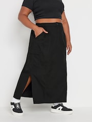 Yours Curve Black Maxi 100% Cotton Cargo Skirt With Side Slits - Image 2 of 5
