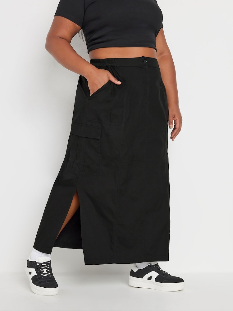 Yours Curve Black Maxi 100% Cotton Cargo Skirt With Side Slits - Image 2 of 5