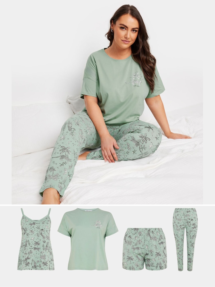 Yours Curve, Camisole-Pyjama-Set mit Dschungelprint aus 100 % Baumwolle im 4er-Pack - Bild 1 von 4 Yours Curve, Camisole-Pyjama-Set mit Dschungelprint aus 100 % Baumwolle im 4er-Pack - Bild 1 von 4