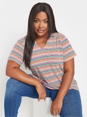 Yours Curve White Striped Polo T-Shirt - Image 1 of 5