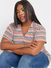 Yours Curve White Striped Polo T-Shirt - Image 4 of 5
