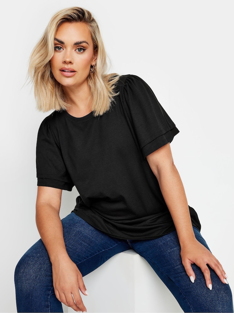Yours Curve Black Double Frill Angel Sleeve Plain Top - Image 1 of 5 Yours Curve Black Double Frill Angel Sleeve Plain Top - Image 1 of 5