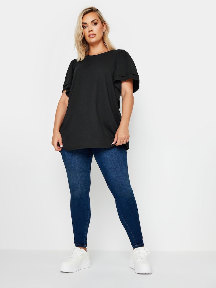 Yours Curve Black Double Frill Angel Sleeve Plain Top - Image 2 of 5