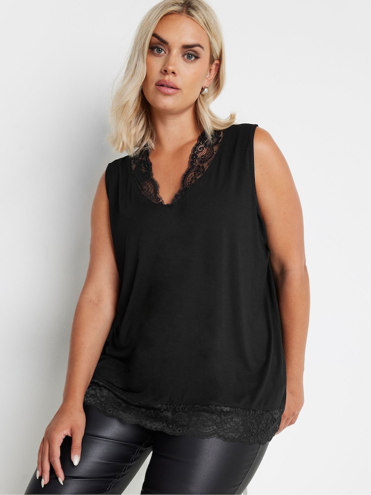 Yours Curve Black Lace Trim Keyhole Swing Vest Top - Image 1 of 6