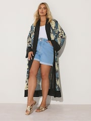 Yours Curve Black Leaf Print Woven Cardigan - Image 2 of 5