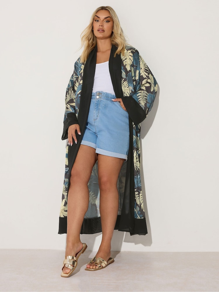 Yours Curve Black Leaf Print Woven Cardigan - Image 2 of 5