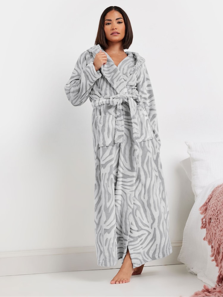 PixieGirl Petite Grey Zebra Clipped Hooded Maxi Robe - Image 1 of 5