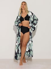 Yours Curve Black Leaf Print Woven Cardigan - Image 1 of 5