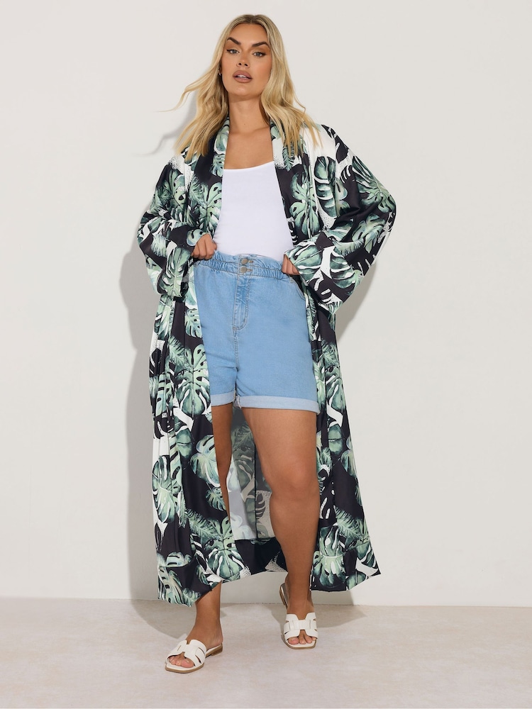 Yours Curve Black Leaf Print Woven Cardigan - Image 2 of 5