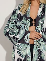 Yours Curve Black Leaf Print Woven Cardigan - Image 4 of 5