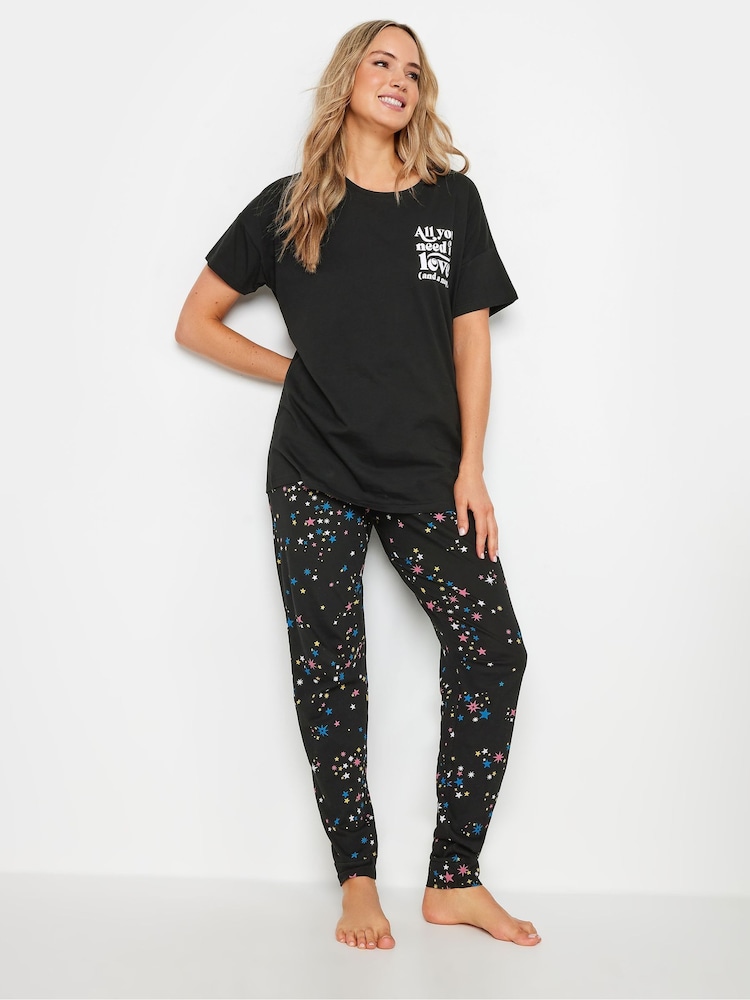 Long Tall Sally Black Star Print All You Need Is Love 100% Cotton Slogan Pyjama Set - Image 1 of 5 Long Tall Sally Black Star Print All You Need Is Love 100% Cotton Slogan Pyjama Set - Image 1 of 5
