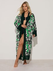 Yours Curve Black Leaf Print Woven Cardigan - Image 1 of 5