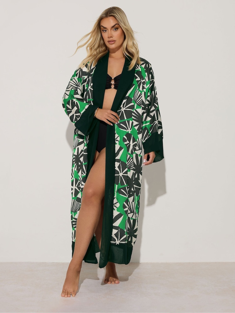 Yours Curve Black Leaf Print Woven Cardigan - Image 1 of 5