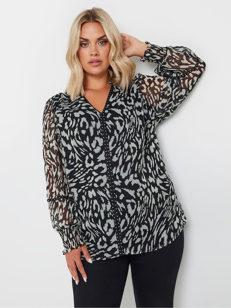 Yours Curve Black Studded Tape Chiffon Blouse - Image 1 of 5