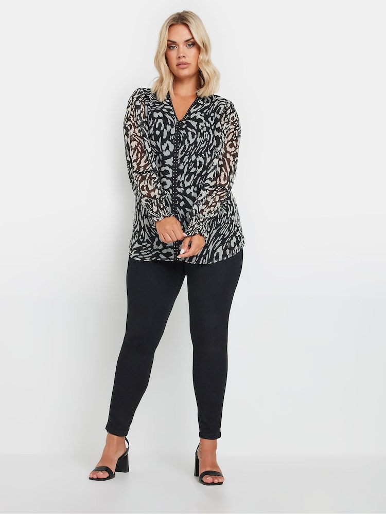 Yours Curve Black Studded Tape Chiffon Blouse - Image 2 of 5