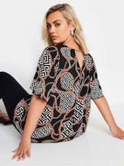 Yours Curve Dark Black Chain Back Short Sleeve Blouse - Image 1 of 6