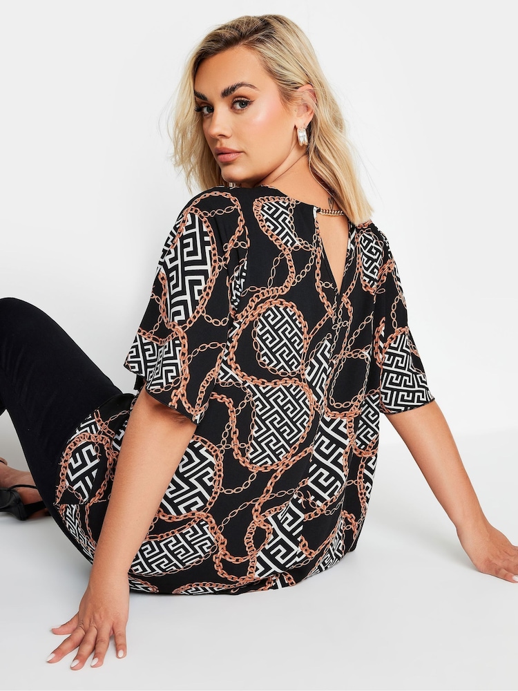 Yours Curve Dark Black Chain Back Short Sleeve Blouse - Image 1 of 6