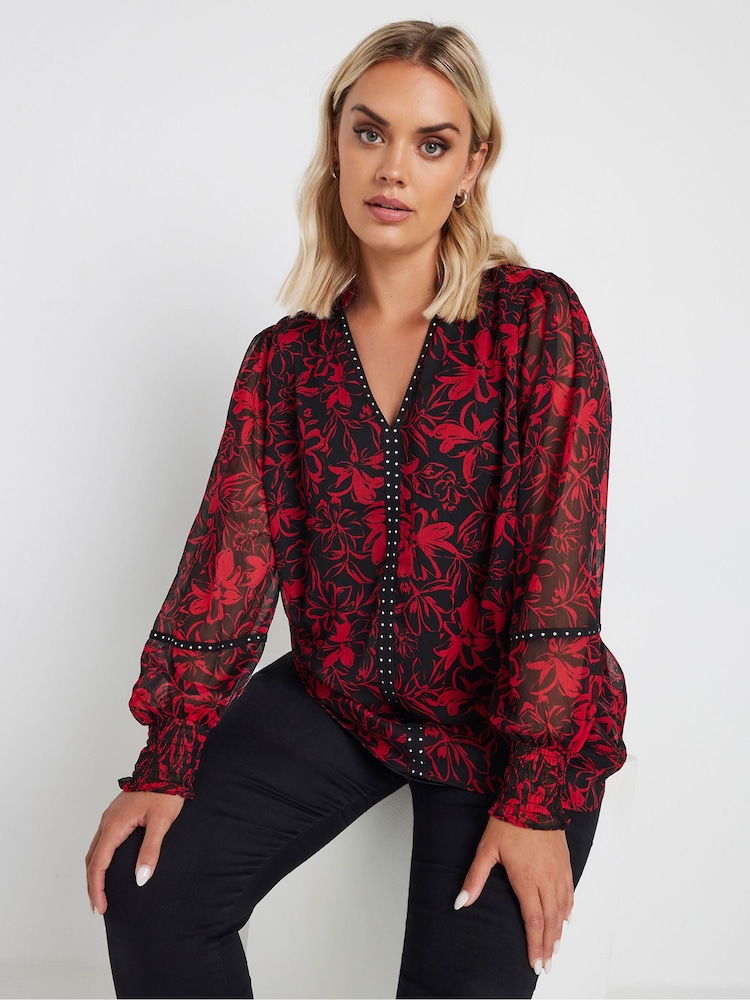 Yours Curve Red Studded Tape Chiffon Blouse - Image 1 of 5