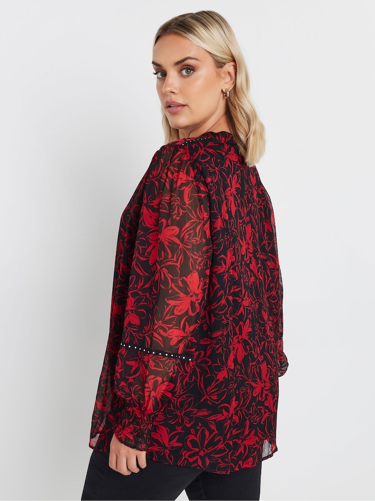Yours Curve Red Studded Tape Chiffon Blouse - Image 2 of 5