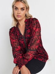 Yours Curve Red Studded Tape Chiffon Blouse - Image 4 of 5