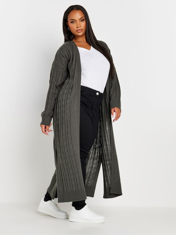 Yours Curve Grey Maxi Cable Knit Cardigan - Image 1 of 6