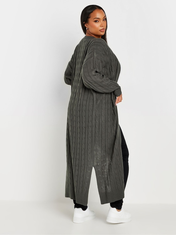 Yours Curve Grey Maxi Cable Knit Cardigan - Image 2 of 6