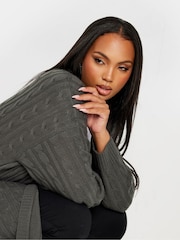 Yours Curve Grey Maxi Cable Knit Cardigan - Image 3 of 6