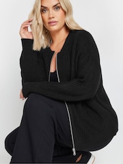 Yours Curve Black Zip Thru Knitted Bomber Cardigan - Image 1 of 5