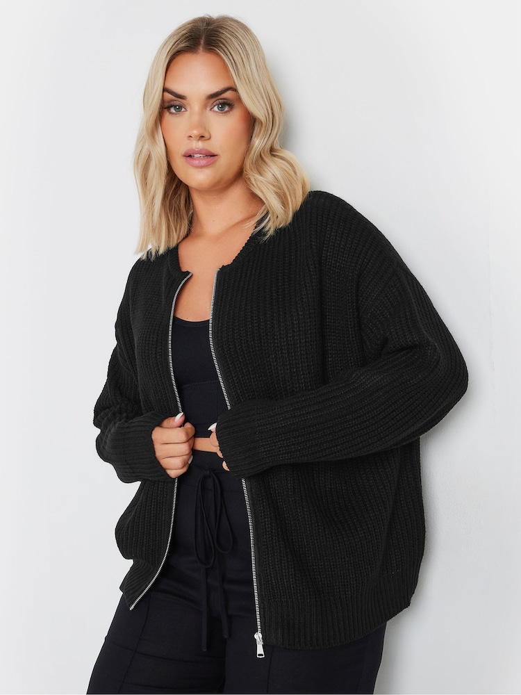 Yours Curve Black Zip Thru Knitted Bomber Cardigan - Image 2 of 5