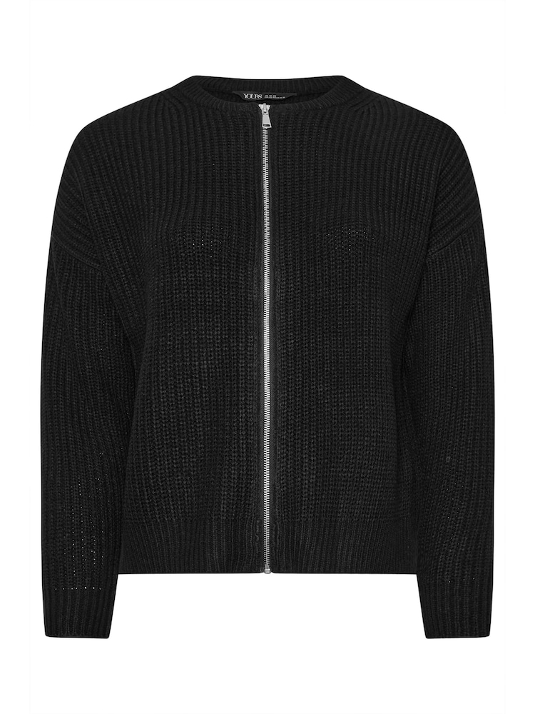 Yours Curve Black Zip Thru Knitted Bomber Cardigan - Image 5 of 5