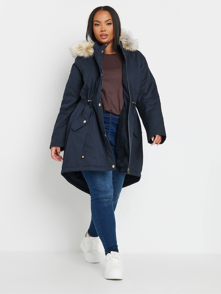 Yours Curve Blue Faux Fur Trim 100% Cotton Parka - Image 1 of 5