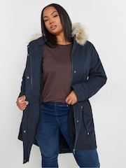 Yours Curve Blue Faux Fur Trim 100% Cotton Parka - Image 2 of 5