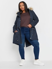 Yours Curve Blue Faux Fur Trim 100% Cotton Parka - Image 3 of 5