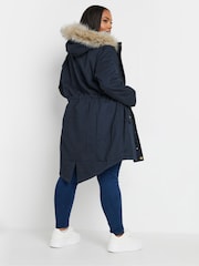 Yours Curve Blue Faux Fur Trim 100% Cotton Parka - Image 4 of 5