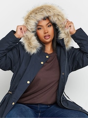 Yours Curve Blue Faux Fur Trim 100% Cotton Parka - Image 5 of 5