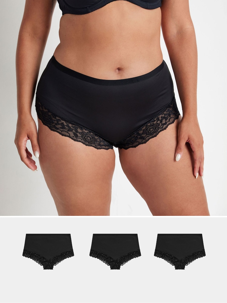 Yours Curve Black Lace Trim Briefs 3 Pack - Image 1 of 9