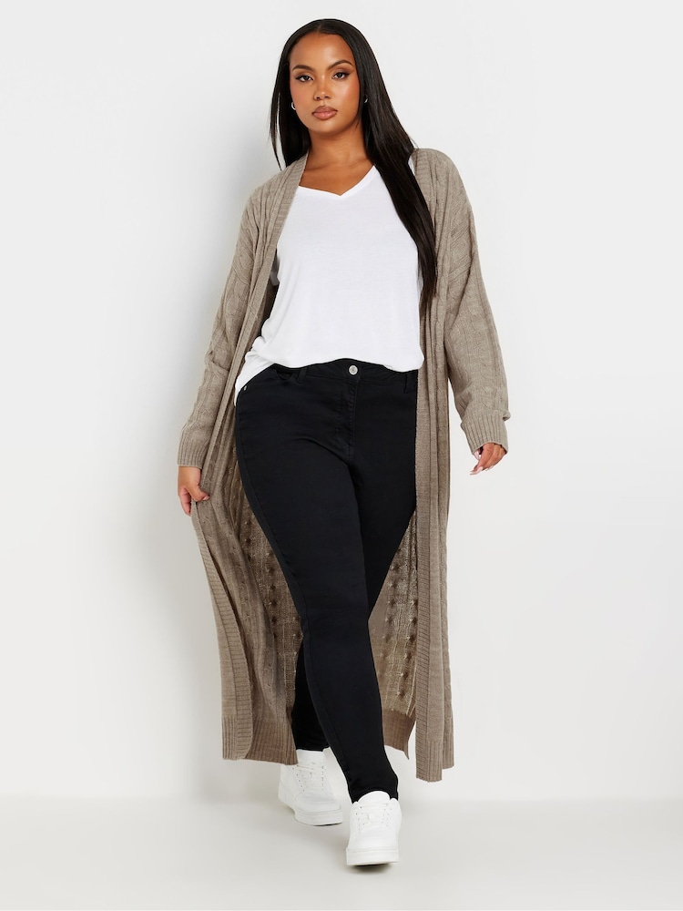 Yours Curve Grey Maxi Cable Knit Cardigan - Image 1 of 5