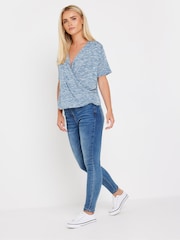 M&Co Blue Petite Short Sleeve Wrap Top - Image 2 of 4