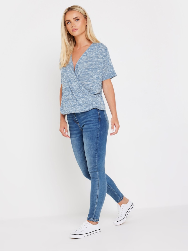 M&Co Blue Petite Short Sleeve Wrap Top - Image 2 of 4