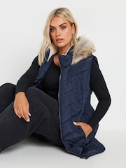 Yours Curve Blue Short Faux Fur Trim Padded Gilet - Image 1 of 6