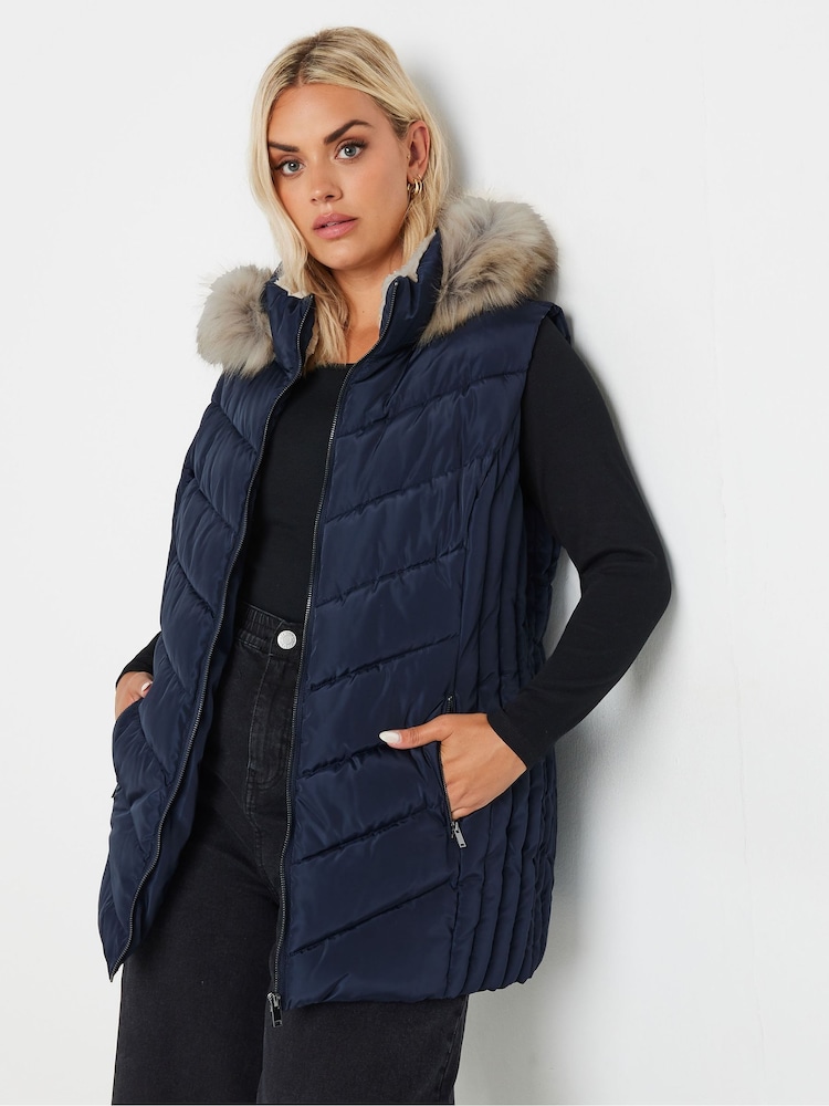 Yours Curve Blue Short Faux Fur Trim Padded Gilet - Image 2 of 6
