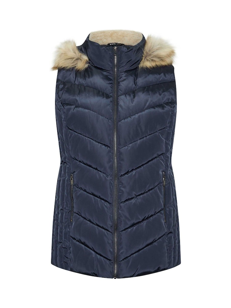 Yours Curve Blue Short Faux Fur Trim Padded Gilet - Image 6 of 6
