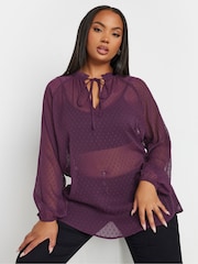Yours Curve Purple Tie Neck Chiffon Top - Image 1 of 6