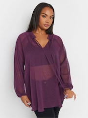 Yours Curve Purple Tie Neck Chiffon Top - Image 2 of 6