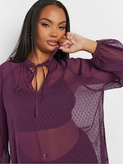 Yours Curve Purple Tie Neck Chiffon Top - Image 5 of 6